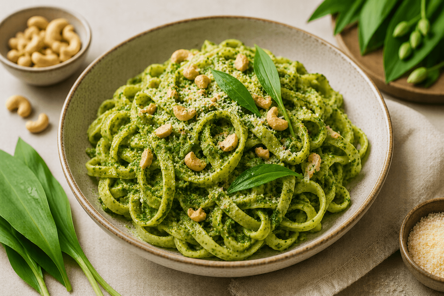 Medvehagymás kesudiós pesto tészta